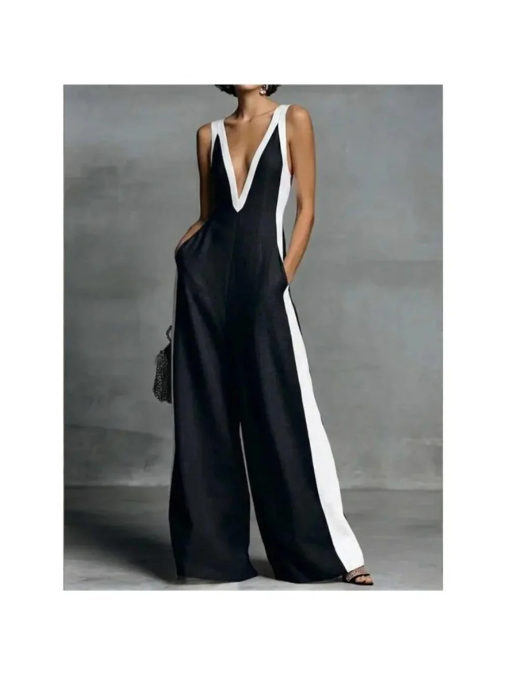 Contrast Trim V-Neck Jumpsuit - Picture 3 of 9